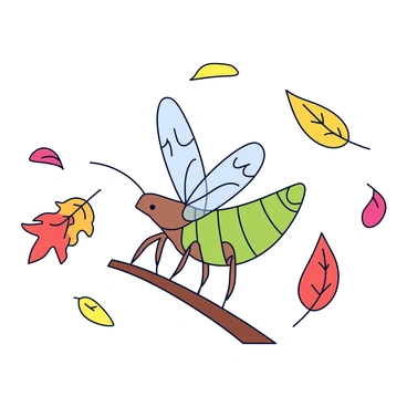 A cicada with a greenish-brown body is taking flight from a thin, brown branch. Its wings are transparent and slightly veined, catching the light as they spread open. Surrounding the cicada, a flurry of colorful leaves in shades of red, orange, and yellow is swirling in the air, being lifted by the wind. The leaves vary in size and shape, some are broad and flat while others are slender and pointed. The scene captures the dynamic movement of both the cicada and the leaves amidst a clear background.