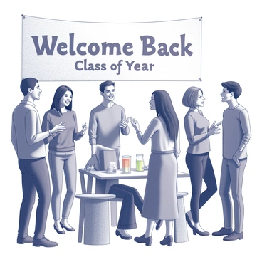 A group of former classmates gathered in a warmly lit room, engaging in lively conversation. They are standing in small clusters, some leaning against a table that holds refreshments. One individual is gesturing animatedly while another is laughing heartily, eyes sparkling with joy. A backdrop features a large banner that reads "Welcome Back Class of Year" in bold letters. The atmosphere is filled with a sense of camaraderie, with classmates reminiscing about shared experiences and moments from their past.