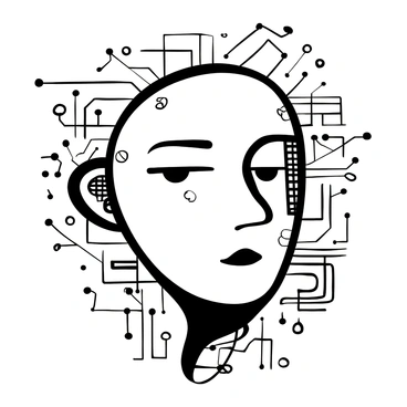 A futuristic face composed of sleek, modern lines, featuring geometric shapes and angular features. The face is surrounded by a network of circuit-like patterns, suggesting a digital aesthetic. There are intricate details that resemble microchips integrated into the design. The background is filled with a soft gradient of lines that give a sense of depth and technology.