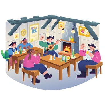 A cozy pirate tavern is filled with wooden tables and chairs, where a group of pirates is gathered, laughing and sharing stories. The interior features exposed wooden beams and a stone fireplace with a warm glow. Lanterns hang from the ceiling, casting soft light throughout the room. In one corner, a pirate with a tricorn hat plays a lute, while another pirate raises a tankard in toast. On the walls, there are various nautical decorations, including old maps and ship wheels. The atmosphere is lively, with the sound of clinking glasses and boisterous laughter permeating the air. A large wooden bar is stocked with bottles of rum and spirits, and a parrot is perched nearby, adding to the vibrant scene.