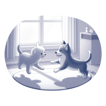 A small, fluffy kitten and an energetic puppy are playfully chasing each other in a room filled with sunlight. The kitten, with its soft fur and bright, curious eyes, darts around the puppy, who has a wagging tail and playful stance. Sunlight streams through a window, casting soft shadows on the floor. The room is furnished with a cozy rug and a few scattered toys, creating an inviting atmosphere. The playful interaction between the kitten and the puppy showcases their innocence and joy.