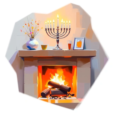 A menorah on a mantel above a warm, crackling fireplace