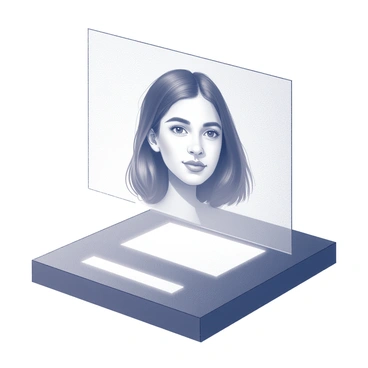 A three-dimensional holographic display is positioned in the center of a room. It projects a floating portrait of a person, showcasing their face in sharp detail. The individual has dark hair and is gazing directly at the viewer. The background of the display is softly blurred to enhance the focus on the portrait. The lighting creates subtle highlights and shadows on the person's features, adding depth to the image. The overall atmosphere conveys a sense of advanced technology and innovation.