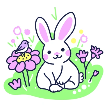 A friendly rabbit is sitting amidst a variety of blooming flowers in a sunny garden. The rabbit has soft fur and large ears, with a gentle expression on its face. Nearby, a small bird is perched on a vibrant flower, looking curiously at the rabbit. The garden is filled with a diverse array of flowers, each in various stages of bloom. The sunlight casts delicate shadows on the ground, creating a lively atmosphere in the garden.