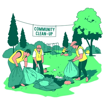 A group of volunteers in bright yellow vests is engaged in picking up litter in a green park during a community clean-up event. One volunteer is holding a large teal trash bag while bending down to collect a piece of litter from the grass. Another volunteer is using a pair of teal gloves to pick up trash near a colorful flower bed. In the background, there are tall green trees and a playground area where a few children are playing. A banner reading "Community Clean-Up" is hung between two trees, adding a sense of purpose to the scene.