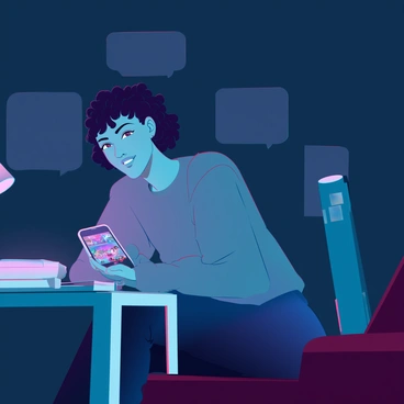 A person with medium skin sitting in a dark room illuminated by the glow of a smartphone. The person has short, curly black hair and wearing a loose-fitting gray sweatshirt. They have a slight smirk on their face as they glance at photos on the screen, which show vibrant images of friends and events. The room is sparsely decorated, with shadows cast on the walls, and a small desk cluttered with items sitting beside them. A soft light source comes from the phone, creating a contrast against the darkness of the room.