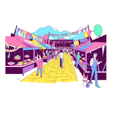 A vibrant festival scene unfolds along a yellow brick road, with colorful stalls on either side. Each stall is adorned with bright awnings in various colors, showcasing an array of handcrafted goods and delicious treats. The road is bustling with people of different ages, some holding festive balloons. Decorative banners and flags are hanging between the stalls, fluttering gently in the breeze. In the background, a cheerful crowd is gathered around a performance area, adding to the lively atmosphere of the festival.