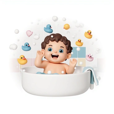 A baby, with curly brown hair and bright blue eyes, is in a white bathtub filled with water. The baby is laughing joyfully while splashing water with both hands. Surrounding the baby are numerous white bubbles floating in the air and several colorful rubber duckies with yellow, blue, and pink colors. The bathroom has pastel-colored tiles, and a soft, fluffy towel is visible in the corner.