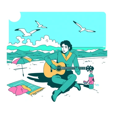 A teal joker with a colorful costume is sitting on a white sandy beach, playing an acoustic guitar. The sun is shining brightly in the blue sky, casting vivid shadows on the ground. In the background, waves are crashing onto the shore, creating a frothy white foam as they hit the sand. Several seagulls are flying above, their wings spread wide against the blue sky. The joker has a playful expression, and there are a few colorful beach towels and umbrellas scattered nearby, enhancing the lively beach atmosphere.