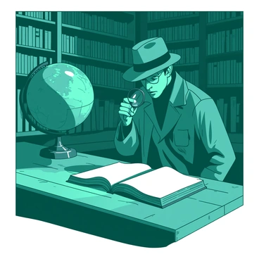 A teal detective wearing a classic trench coat and a fedora is carefully examining an open book on a large wooden table in a vast, dimly lit library. The shelves around the detective are filled with countless dusty, old books. Soft shadows fill the corners of the library, creating an atmosphere of mystery. A beam of light from a nearby window illuminates the detective's focused expression as he holds a magnifying glass over the text. In the background, there are tall, ornate bookshelves that stretch to the ceiling, and a large globe sits on an adjacent table.
