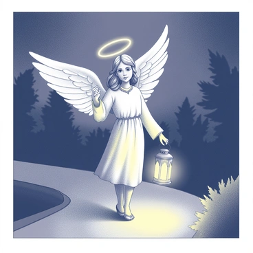An angelic figure stands gracefully on a dimly lit path. The angel is depicted with large, delicate wings that are slightly extended, showcasing intricate feather details. In one hand, the angel holds a "glowing lantern" that casts a warm, inviting light, illuminating the surrounding darkness. The light from the lantern creates a soft halo effect, revealing faint outlines of trees and bushes along the path. The angel's expression is serene, embodying a sense of guidance and hope in the midst of night. The overall scene conveys a peaceful moment of illumination in a shadowy environment.