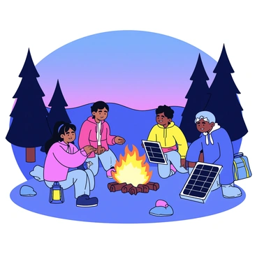 A group of three campers gathered around a small campfire at dusk. They are setting up two portable solar panels, which are positioned on the ground, absorbing the fading light. The campers are wearing jackets and jeans, and one camper is adjusting the angle of a solar panel. The campsite is surrounded by tall trees and rocks, with a few scattered camping gear items like backpacks and a lantern. The sky is transitioning to a deep blue hue, and the glow from the campfire adds warmth to the scene. "Campsite lighting" is visible in the air as the solar panels begin to emit soft light.