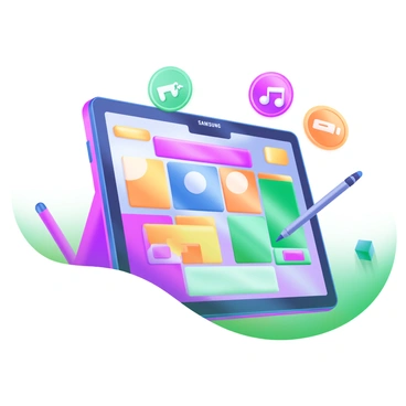 A modern pastel illustration featuring a Samsung Galaxy tablet prominently displayed in the center. The tablet screen showcases a vivid, animated app, filled with bright colors and engaging graphics. Surrounding the tablet are several colorful app icons, including a music note, a camera, and a chat bubble, adding to the lively atmosphere. The background is softly blended in pastel hues, enhancing the focus on the tablet and its animated screen.