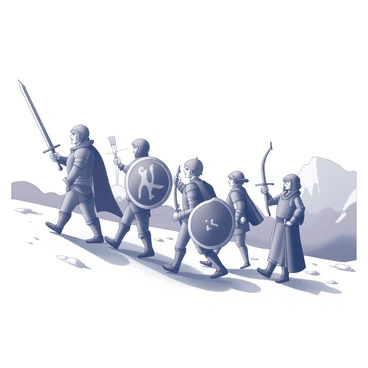 A group of five heroes is depicted, each equipped with distinctive swords and shields. The first hero, a tall warrior with a determined expression, leads the group with a gleaming sword raised high. The second hero, a skilled archer, carries a bow slung over their shoulder and a quiver of arrows at their side. The third hero, a brave knight clad in armor, marches confidently, gripping a large shield emblazoned with a coat of arms. The fourth hero, a nimble rogue, holds a dagger in one hand and uses the other to gesture forward. The fifth hero, a wise mage, walks with a staff topped with a magical orb. The group is positioned in a diagonal line, moving purposefully toward a distant mountain range. The background features rugged terrain and sparse vegetation, capturing the essence of their adventurous quest.