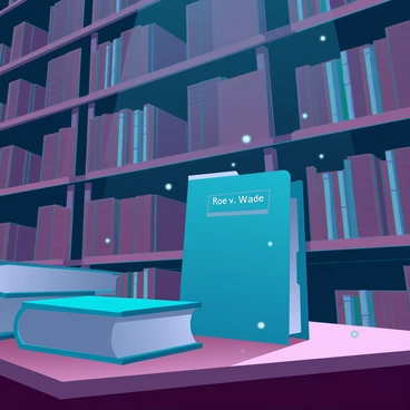 Rows of dusty legal archives filled with wooden shelves stacked high with aged, leather-bound books and folders. In the foreground, a file labeled "Roe v. Wade" stands prominently on a slightly worn wooden table. The dim light filters through the room, casting shadows on the surrounding documents, enhancing the atmosphere of historical significance. The details of the labels and the texture of the books are clearly visible, reflecting years of legal history. Dust particles are suspended in the light, adding to the sense of age and importance of the materials.