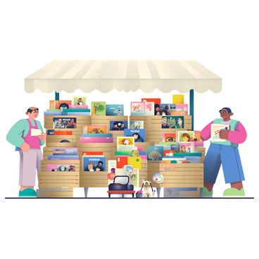 A flea market stall is filled with wooden crates stacked high with vintage records. Each crate is overflowing with colorful album covers displaying various music genres, such as rock, jazz, and pop. Scattered among the records are items of music memorabilia, including old concert posters and small figurines of famous musicians. The stall is topped with a faded canvas awning that provides some shade to the collection. Nearby, a vintage record player sits on a small table, and a few curious shoppers can be seen browsing through the records, examining the covers and chatting enthusiastically.