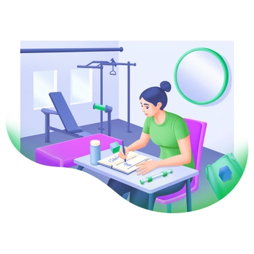 A modern pastel illustration showing a person sitting at a small table, writing in a fitness journal. The person has a focused expression and is wearing comfortable workout clothes. On the table is an open journal with the words "Workout Progress" visible on the page. Next to the journal, there is a water bottle and a set of dumbbells. In the background, a gym can be seen with exercise equipment, including a bench press and weights. A wall-mounted mirror reflects the scene, adding depth to the composition.