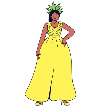 A fashion model dressed in a gown inspired by the shape and color of a pineapple