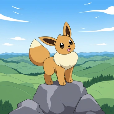 An Eevee with fluffy brown fur and large, expressive eyes stands triumphantly on a rocky mountain peak. Its tail is raised high and fluffy, showcasing its joyful demeanor. Below, a vast landscape stretches out, featuring rolling hills, lush green valleys, and a dense forest in the distance. The sky is a vibrant blue with wispy white clouds scattered throughout. The Eevee's ears perk up as it gazes over the breathtaking view, embodying a sense of adventure and achievement.