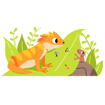 A crested gecko with a vibrant orange and yellow pattern is sitting on a green leaf. The gecko's large eyes are focused on a group of small, colorful insects scattered around it, including a green beetle and a tiny butterfly. Nearby, a small, brown lizard is curiously peeking out from behind a rock, watching the gecko interact with the insects. The scene is filled with lush green foliage, creating a lively and friendly atmosphere.