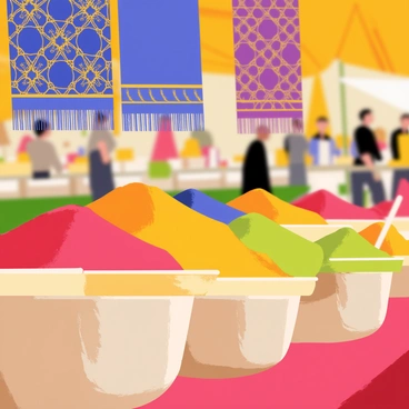 A close-up view of various colorful spices arranged in small bowls at a market stall. The spices display vivid hues, including deep reds, bright yellows, and rich greens. Beside the spices, luxurious silks are draped elegantly over the stall, showcasing intricate patterns and vibrant colors like royal blue, rich purple, and shimmering gold. The background features hints of market activity, with blurred shapes of people and stalls, creating a lively atmosphere.