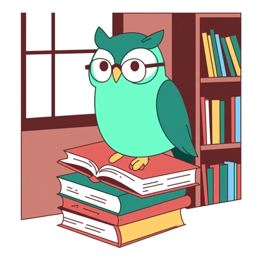 A teal cartoon-style wise owl with round glasses is perched atop a stack of colorful books in a cozy library. The books are arranged haphazardly, showcasing various titles and sizes. In the background, warm wooden shelves are filled with more books, creating a sense of abundance. Soft light filters through a nearby window, illuminating the owl's feathers and creating a gentle ambiance in the scene. The owl's eyes appear thoughtful, as it gazes into the distance, contemplating the knowledge contained in the books around it.