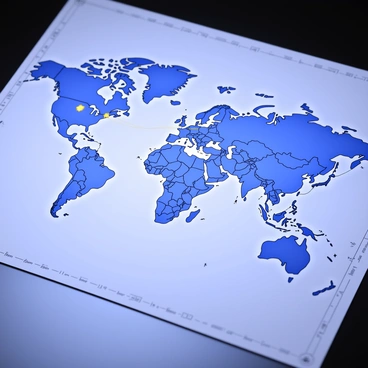 A world map is displayed prominently on a flat surface. The map features detailed outlines of continents and countries. Major financial cities are marked with distinct symbols such as stars or circles. Glowing lines connect these cities, illustrating trade routes across the map. The lines vary in thickness, indicating the volume of trade between the locations. Additional details include latitude and longitude markings along the edges for reference.