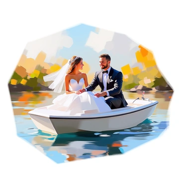 A couple sailing on a small boat in a picturesque setting. The bride is wearing a flowing white wedding gown, while the groom is dressed in a classic black tuxedo. Both are smiling and enjoying the moment as the gentle breeze catches the fabric of their clothing. The boat is gliding across calm waters, with soft ripples reflecting the sunlight. In the background, there are hints of lush greenery along the shore, adding to the romantic atmosphere of the scene.