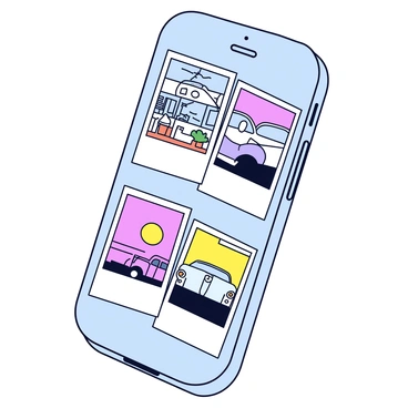 A phone case that appears as a collage of vintage Polaroid photos. Each photo showcases a different scene, including a sunset, a cozy coffee shop, and a vintage car. The images are bordered in white, resembling the classic Polaroid style, and have soft, faded colors to enhance the nostalgic look. The case itself has a matte finish that complements the photographic designs.