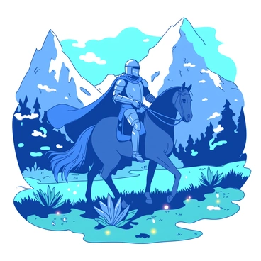 A blue knight in shining armor rides a majestic teal horse across a mystical landscape filled with ethereal glowing plants and swirling mist. The knight's cape billows behind him as he focuses on the path ahead, adorned with intricate designs reflecting his noble status. In the background, towering craggy mountains rise into the sky, partially shrouded in clouds, hinting at the challenges ahead. The ground is a mix of vibrant colors, with patches of lush green grass and radiant flowers illuminating the scene. The atmosphere is charged with a sense of adventure and mystery as the knight continues on his quest.