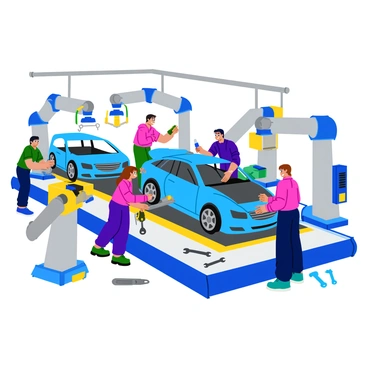 A busy assembly line with several workers engaged in building a car from scratch. One worker is applying a coat of blue paint to the car's body, while another is installing the wheels. A third worker is focused on connecting the electrical components inside the car. Various machines are present, including robotic arms lifting car parts and conveyor belts moving the sections of the car down the line. The environment is filled with tools like wrenches and screwdrivers scattered nearby, and bright overhead lights illuminate the entire scene.