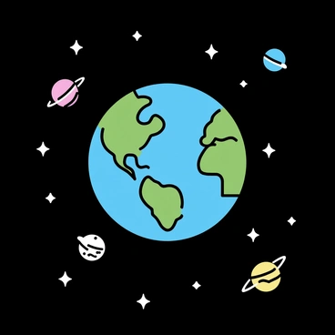 A blue and green Earth, depicted with visible continents and swirling white clouds, is positioned in the center of the image. Surrounding the Earth are several small white stars, scattered across the background. Additionally, there are a few simplified representations of planets, each with distinct colors and patterns, orbiting around the Earth. The background is a deep, dark space, emphasizing the celestial objects in the scene.