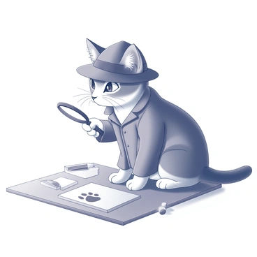 A cat wearing a small detective hat and a tiny trench coat is crouched down on a wooden surface. The cat is holding a magnifying glass in its front paw, carefully inspecting a set of paw prints on the ground. The detective cat has an inquisitive expression, with its eyes wide and ears perked up. The paw prints trail off into the distance, leading away from the scene, while a few scattered items, such as a notepad and a pencil, are nearby, suggesting an ongoing investigation.