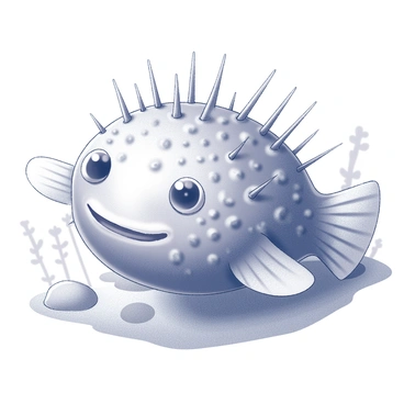 A pufferfish in its defensive puffed state, fully expanded to reveal its unique shape. The body is round and covered in numerous detailed spines that protrude outward, displaying intricate textures and patterns. The eyes of the pufferfish are large and expressive, positioned on either side of its head. Surrounding the pufferfish is a simple underwater environment, with faint outlines of sea plants or rocks in the background. The entire composition highlights the pufferfish's defensive mechanism, emphasizing its spiny exterior and distinctive form.