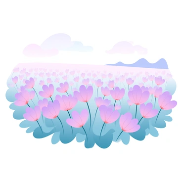 A vast field filled with cyclamen flowers in full bloom, showcasing their vibrant pink and purple petals. The flowers cover the ground with a lush, green foliage beneath them. The field expands endlessly toward the horizon, creating a sense of depth and openness. Soft, gradient pastel colors illuminate the scene, enhancing the beauty of the flowers and the serene landscape that surrounds them.