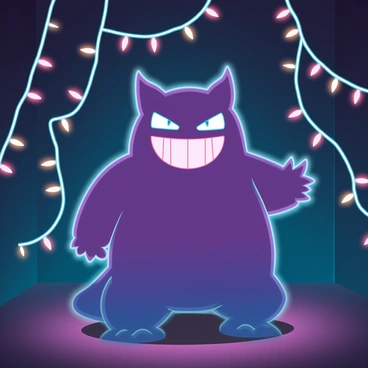 A plump Gengar with a wide grin and glowing eyes is positioned in the center of a dark room. Its purple body contrasts with the surrounding shadows, and it radiates an eerie yet playful vibe. The Gengar is surrounded by twinkling fairy lights, which flicker and illuminate the space with a warm, golden glow. These lights are draped around the room, creating a whimsical atmosphere. The walls are barely visible in the darkness, amplifying the focus on the Gengar and the enchanting lights that dance around it.