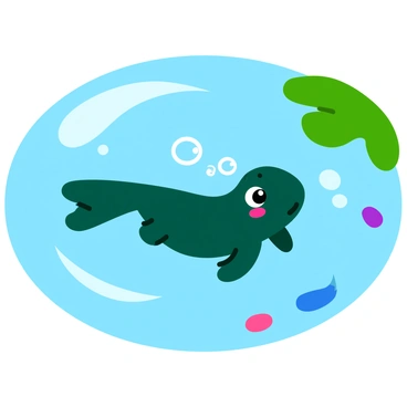 A small, playful tadpole with a smooth, dark green body is blowing bubbles while swimming in a clear pond. The tadpole’s tiny tail is flicking back and forth as it moves through the water. Around it, several small bubbles rise to the surface, glinting in the light. The pond is surrounded by lush green lily pads, and soft, rippling reflections of the surroundings dance on the water’s surface. Brightly colored pebbles are visible on the pond floor, adding splashes of color to the scene.