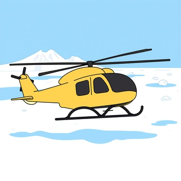 A large helicopter with a bright yellow fuselage and black rotor blades is descending towards a vast, icy tundra. The tundra is covered in a thick layer of white snow, with patches of blue ice reflecting the sunlight. The helicopter's landing skids are just a few feet above the ground, creating a slight cloud of snow as it prepares to touch down. In the background, distant snow-capped mountains rise against a clear blue sky, adding depth to the scene. A few scattered ice formations can be seen, illustrating the harsh yet beautiful Arctic landscape.