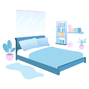 A bright bedroom filled with natural light streaming through a window. The bed is neatly made with a variety of pillows arranged in an orderly manner. A small bookshelf stands against the wall, filled with colorful books neatly organized by size. The floor is clean and decorated with a soft rug. A potted plant sits in the corner, adding a touch of greenery to the space.