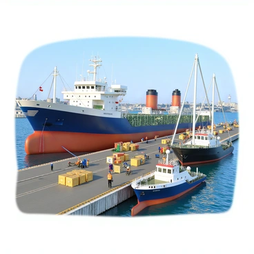 A bustling port filled with activity, showcasing ships from various nations moored along the docks. There is a large cargo ship with a blue hull and red stripe alongside a smaller sailboat with white sails. Dockworkers wearing safety vests are seen unloading crates marked with different international symbols. Colorful flags from multiple countries flutter in the wind, adding vibrancy to the scene. In the background, a skyline of distant buildings and cranes can be seen under a clear blue sky.