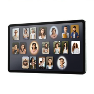 A digital wall with a sleek, modern design, featuring a large screen filled with various memories and photos. The images are organized neatly based on facial recognition technology, showcasing a gallery of faces and moments. Each photo is surrounded by a subtle glow to highlight individual memories. The background of the digital wall is a smooth, dark surface that contrasts with the vibrant colors of the photos displayed. The interface is user-friendly, with icons for navigation and sorting options visible at the edges of the screen.
