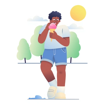 A person with medium skin is standing outdoors on a sunny day, holding an ice cream cone. They have short curly hair and are wearing a light blue t-shirt and denim shorts. The ice cream cone is topped with a large scoop of bright pink strawberry ice cream. The person's eyes are squinted, and their facial expression shows discomfort as they wince while taking a bite. In the background, a few trees are visible, and the sky is clear with a bright sun shining down. A small puddle of melted ice cream is at their feet, highlighting the heat of the day.