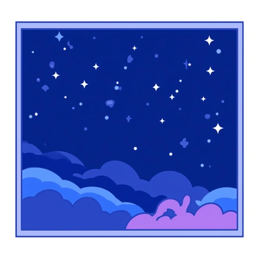A deep blue night sky filled with numerous bright white stars sprawling across the canvas. The stars twinkle and vary in size, creating a sense of depth and wonder. In the background, a faint hint of purple clouds adds contrast to the scene. The night sky is enclosed within a rectangular frame, which is thin and silver, drawing attention to the vibrant celestial display contained within.