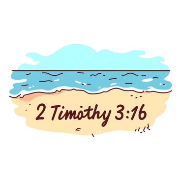 The verse "2 Timothy 3:16" is written in a clear, flowing script in the sand at the edge of a beach. The sandy surface is smooth and slightly damp, reflecting the recent touch of the tide. Gentle waves are approaching, creating a soft foamy edge along the waterline. In the background, a serene expanse of the ocean meets the horizon, with a few wispy clouds scattered across a light blue sky. The scene conveys a peaceful coastal atmosphere.