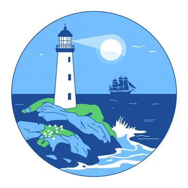 A white lighthouse stands tall on a rocky cliff, with the beam of light shining outwards to guide ships at sea. The lighthouse is surrounded by patches of green grass and small wildflowers, swaying gently in the breeze. Below, waves crash against the rocks, creating a misty spray. The full moon hangs low in the night sky, casting a soft glow over the scene. The light from the lighthouse and the moon blend harmoniously, creating a serene atmosphere as the ships sail safely in the distance.