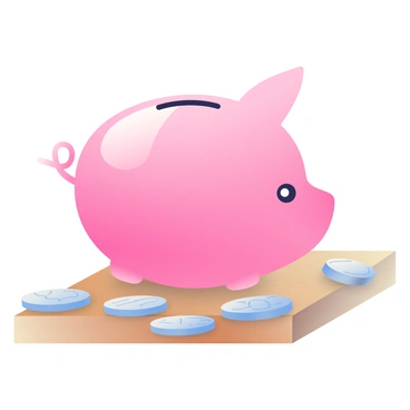 A classic pink piggy bank with a shiny surface is sitting on a wooden table. The piggy bank has a small slot on its back for inserting coins, and its eyes are friendly and inviting. Surrounding the piggy bank, there are various coins scattered across the table, including shiny pennies, nickels, and dimes that reflect the light. The wooden table has a warm, textured finish, enhancing the overall scene.
