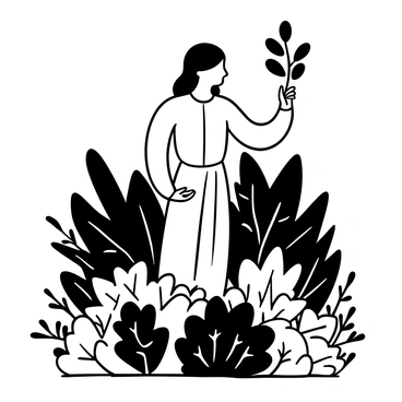 A garden statue of a goddess stands prominently, holding a "fig branch" delicately in one hand. The statue is surrounded by "lush greenery," with various types of plants and bushes creating a dense backdrop. Vines intertwine the base of the statue, adding to the vibrant atmosphere. The scene is peaceful, with leaves and foliage providing a natural frame for the goddess figure.