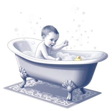 A vintage baby is sitting in an old-fashioned clawfoot bathtub. The bathtub has intricate, ornate detailing on its legs and is filled with an abundance of bubbles that create a frothy surface. The baby is happily splashing water with their small hands, droplets flying in all directions. The setting includes a patterned vintage floor mat beneath the tub, and a playful rubber duck is floating among the bubbles. Light streams in from a nearby window, casting gentle shadows around the scene.