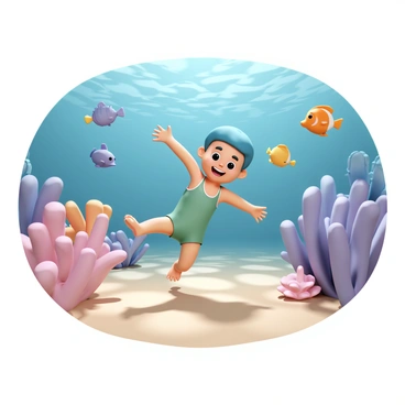A cartoon character, with bright blue hair and wearing a green swimsuit, is swimming happily among a variety of colorful fish in a vibrant coral reef. The fish include a bright orange clownfish, a yellow tang, and a purple parrotfish, all swimming playfully around the character. The coral reef is adorned with shades of pink, purple, and orange corals, creating a lively underwater environment. Sunlight filters through the water, casting shimmering patterns on the sandy ocean floor.