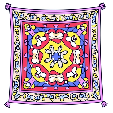 A large tapestry with detailed, intricate patterns woven throughout. The tapestry features a variety of shapes, including swirls, floral motifs, and geometric designs. The colors of the tapestry are rich and vibrant, including deep reds, golds, and blues. The edges of the tapestry are adorned with a fringe that adds to its texture. The overall composition showcases a harmonious blend of these elements, creating a striking visual display.